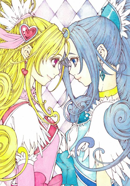 Anime picture 777x1113 with precure dokidoki! precure toei animation aida mana hishikawa rikka cure heart cure diamond sayococco long hair tall image blue eyes blonde hair smile multiple girls blue hair ponytail profile pink eyes face to face eye contact