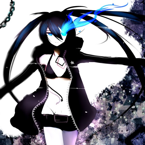 Anime picture 3000x3000 with black rock shooter black rock shooter (character) looking at viewer highres blue eyes twintails very long hair glowing scar glowing eye (eyes) girl gloves shorts cloak bikini top