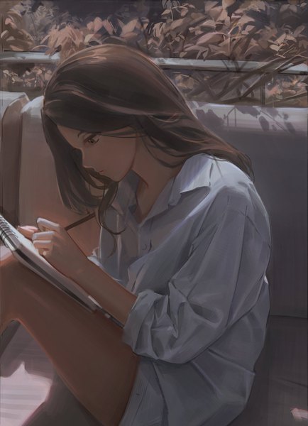 Anime picture 1747x2414 with original free style (yohan1754) single long hair tall image highres brown hair sitting holding brown eyes bent knee (knees) outdoors profile looking down twisty sleeves writing girl shirt white shirt couch