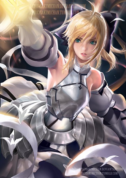 Anime picture 637x900 with fate (series) fate/unlimited codes type-moon artoria pendragon (all) saber lily sakimichan single long hair tall image fringe blue eyes blonde hair standing bare shoulders signed looking away ahoge ponytail parted lips arm up