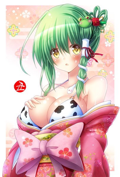 Anime picture 811x1200 with touhou kochiya sanae osashin (osada) single long hair tall image looking at viewer blush fringe breasts open mouth light erotic hair between eyes large breasts yellow eyes upper body traditional clothes japanese clothes green hair hand on chest