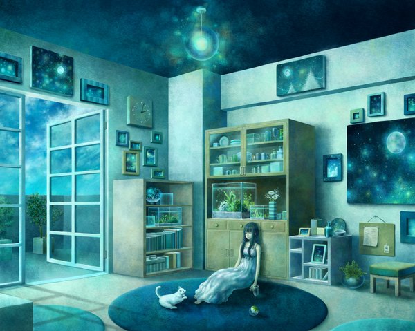 Anime picture 1053x841 with original fuumi (kazami) single long hair black hair smile bare shoulders sky eyes closed light smile space girl flower (flowers) plant (plants) animal tree (trees) book (books) star (stars) cat clock