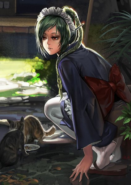 Anime picture 566x800 with gintama sunrise (studio) tama (gintama) alphonse (white datura) single long hair tall image fringe red eyes looking away outdoors braid (braids) traditional clothes japanese clothes green hair lips wide sleeves squat girl hair ornament