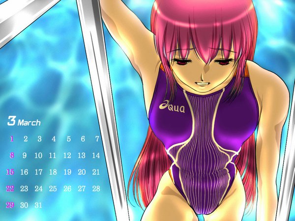 Anime picture 1024x768 with long hair light erotic red eyes red hair swimsuit pool competition swimsuit calendar ikuta kaoru