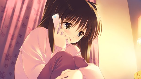 Anime picture 1280x720 with white album 2 ogiso setsuna single long hair brown hair wide image sitting brown eyes game cg tears girl sweater phone