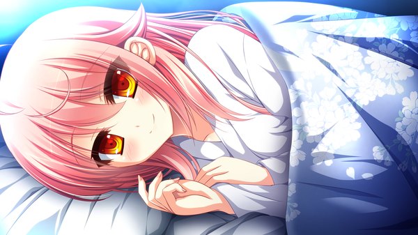 Anime picture 1280x720 with sengoku hime 5 long hair blush smile wide image pink hair game cg lying orange eyes girl pajamas