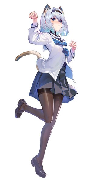 Anime picture 972x1880 with ryuuou no oshigoto! sora ginko shirabi single tall image looking at viewer blush fringe short hair blue eyes simple background hair between eyes standing white background animal ears silver hair full body tail long sleeves animal tail