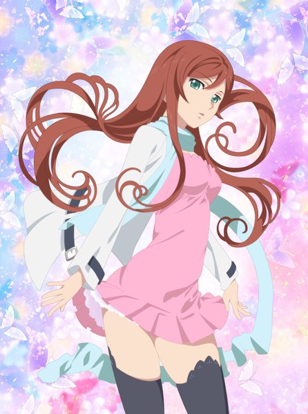 Anime picture 1040x1400 with mobile suit gundam gundam build fighters sunrise (studio) kamiki mirai smile (rz) single long hair tall image looking at viewer blue eyes brown hair girl thighhighs dress black thighhighs scarf