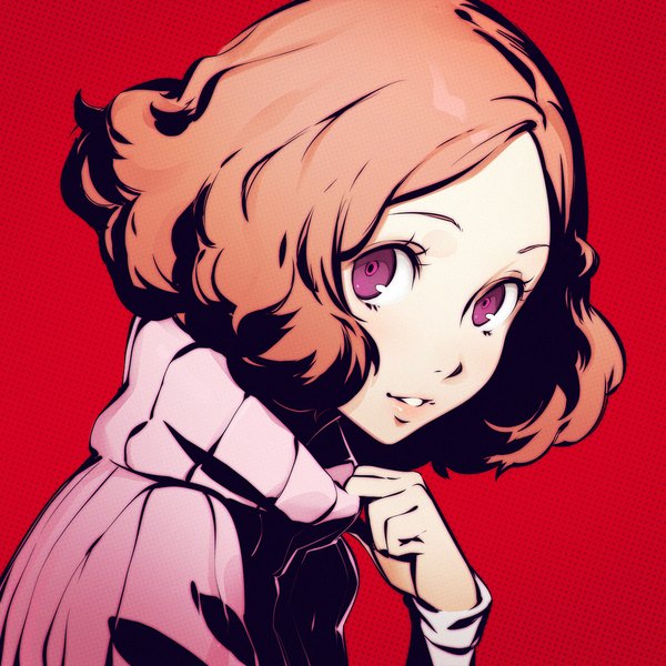 Anime picture 1080x1080 with persona 5 persona okumura haru ilya kuvshinov single looking at viewer short hair simple background smile brown hair purple eyes upper body parted lips lips wavy hair red background polka dot polka dot background girl sweater