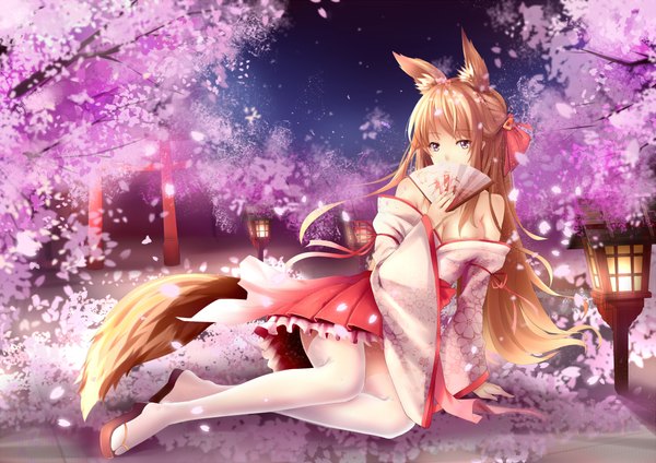 Anime picture 2121x1500 with original yeluno meng single long hair looking at viewer blush highres light erotic brown hair purple eyes bare shoulders animal ears tail lying traditional clothes japanese clothes animal tail pleated skirt night arm support