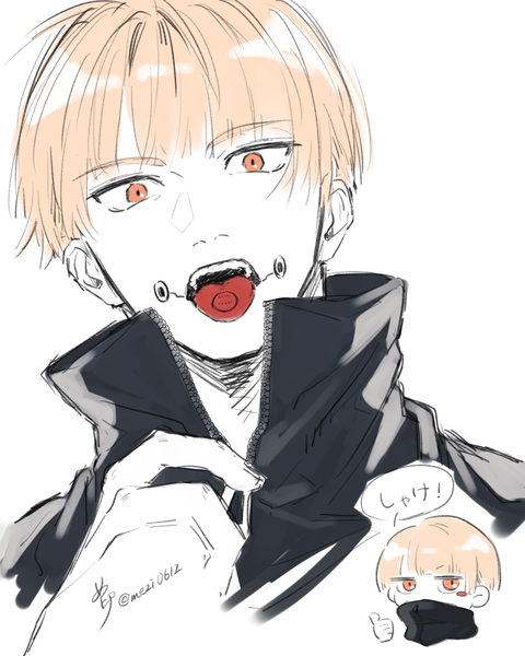 Anime picture 1200x1500 with jujutsu kaisen mappa inumaki toge sinzyo 369 tall image looking at viewer fringe short hair open mouth simple background blonde hair white background signed teeth orange eyes twitter username facial mark portrait multiview chibi