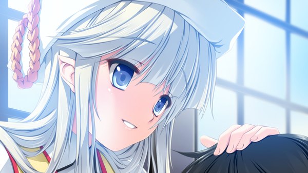 Anime picture 1280x720 with hyakka ryouran elixir senomoto hisashi long hair blue eyes smile wide image game cg white hair girl hat