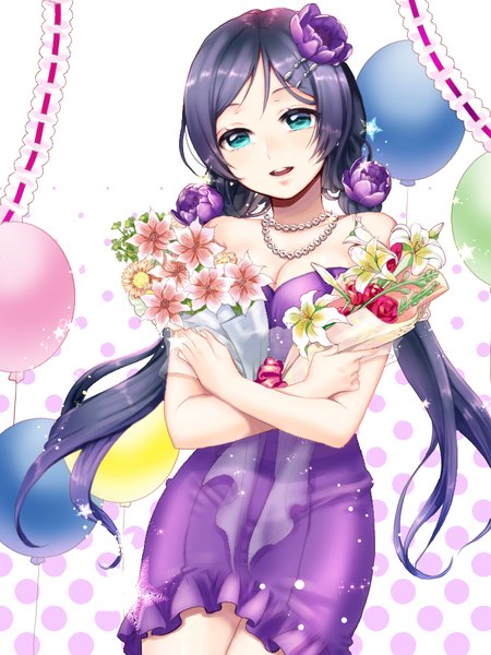 Anime picture 768x1024 with love live! school idol project sunrise (studio) love live! toujou nozomi julion (akesuzu) single long hair tall image open mouth blue eyes standing twintails bare shoulders purple hair hair flower low twintails happy birthday girl dress hair ornament
