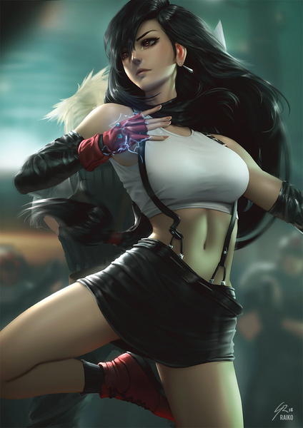 Anime picture 848x1200 with final fantasy final fantasy vii square enix tifa lockhart cloud strife raikoart long hair tall image fringe breasts black hair blonde hair hair between eyes red eyes large breasts standing bare shoulders looking away blurry realistic