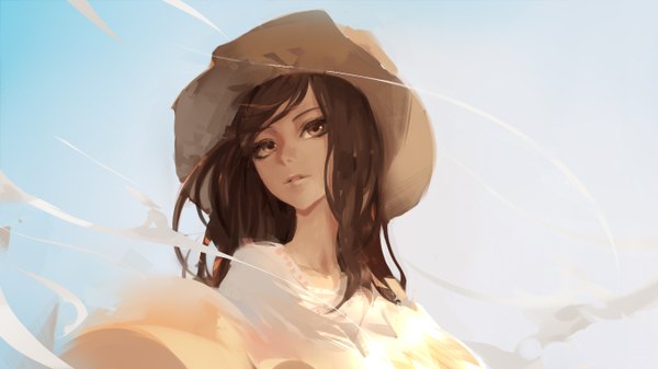 Anime picture 1366x768 with original jn3 single long hair brown hair wide image brown eyes sky cloud (clouds) parted lips light smile wind close-up girl dress hat white dress straw hat