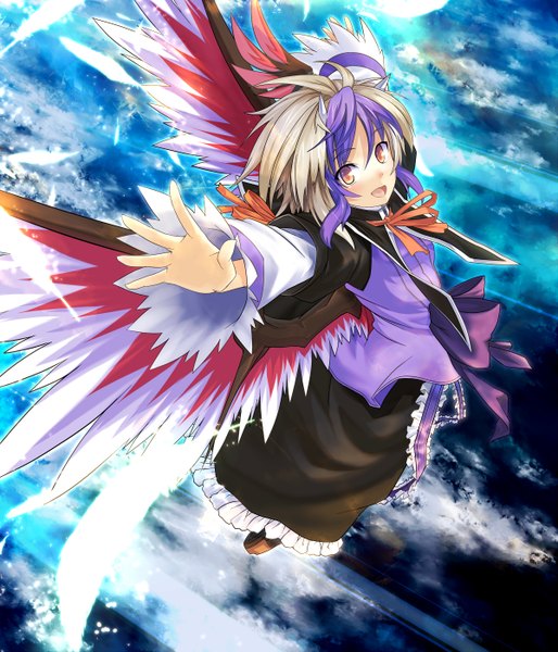 Anime picture 1199x1400 with touhou tokiko (touhou) eho (icbm) single tall image looking at viewer short hair open mouth red eyes purple hair full body :d multicolored hair horn (horns) from above grey hair two-tone hair spread arms flying head wings