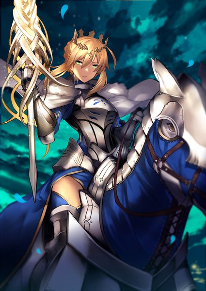 Anime picture 1000x1412 with fate (series) fate/grand order artoria pendragon (all) artoria pendragon (lancer) dun stallion karlwolf single tall image looking at viewer fringe short hair blonde hair hair between eyes sitting holding green eyes payot cloud (clouds) outdoors wind
