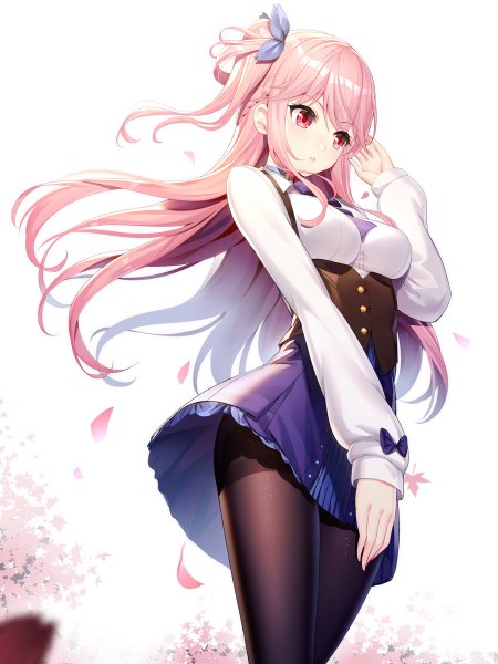 Anime picture 900x1200 with original emily stock ririko (zhuoyandesailaer) single long hair tall image blush fringe breasts simple background hair between eyes red eyes standing white background payot looking away pink hair long sleeves parted lips arm up