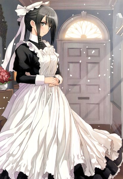 Anime picture 4154x6023 with original tony taka single tall image looking at viewer fringe highres short hair black hair smile standing payot absurdres ponytail indoors head tilt sunlight scan maid grey eyes
