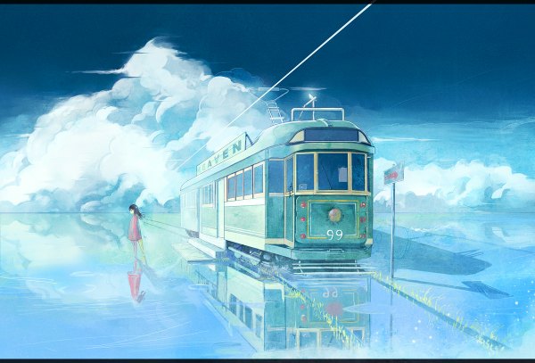 Anime picture 1200x814 with original starry11 single long hair black hair standing sky cloud (clouds) profile shadow reflection girl dress plant (plants) water grass red dress tram