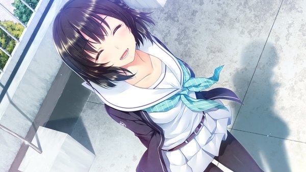 Anime picture 1920x1080 with boku no hitori sensou akabei soft2 single blush highres short hair open mouth black hair smile wide image game cg eyes closed shadow tears girl uniform school uniform