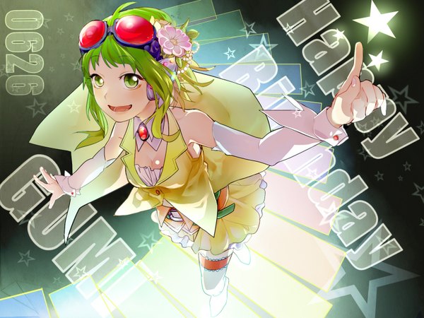 Anime picture 1600x1200 with vocaloid gumi keishi single blush short hair open mouth green eyes ahoge hair flower green hair inscription text spread arms english happy birthday body blush goggles on head girl thighhighs