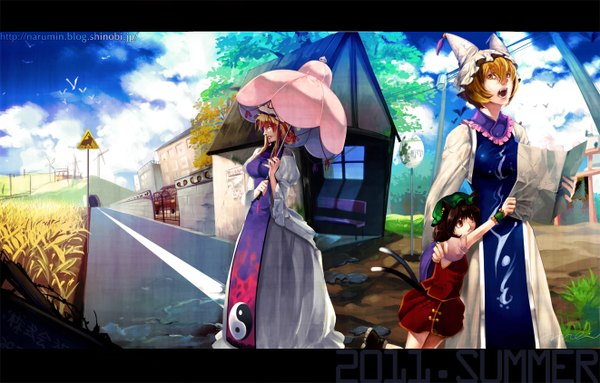 Anime picture 1322x845 with touhou yakumo yukari yakumo ran chen narumi yuka (artist) long hair short hair open mouth black hair blonde hair multiple girls animal ears yellow eyes sky cloud (clouds) animal tail multiple tails girl dress 2 girls