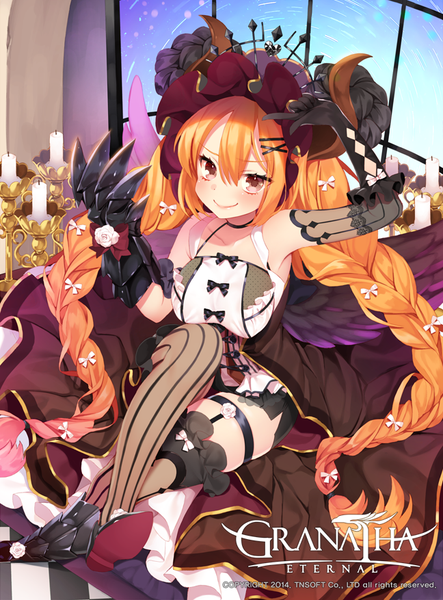 Anime picture 648x877 with granatha eternal byulzzimon single tall image looking at viewer blush fringe breasts light erotic smile hair between eyes large breasts brown eyes braid (braids) very long hair horn (horns) orange hair copyright name twin braids girl