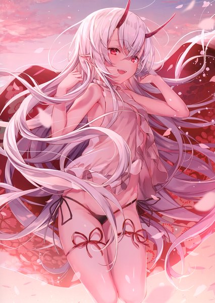 Anime picture 2431x3421 with original komeshiro kasu single long hair tall image looking at viewer blush fringe highres open mouth light erotic smile hair between eyes red eyes sky cloud (clouds) white hair :d horn (horns) pointy ears