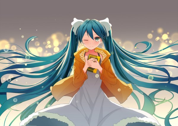 Anime picture 1227x868 with vocaloid hatsune miku single looking at viewer twintails very long hair one eye closed aqua eyes wink aqua hair girl dress bow hair bow book (books)