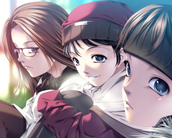 Anime picture 1200x960 with original rezi blue eyes black hair brown hair multiple girls girl glasses 3 girls