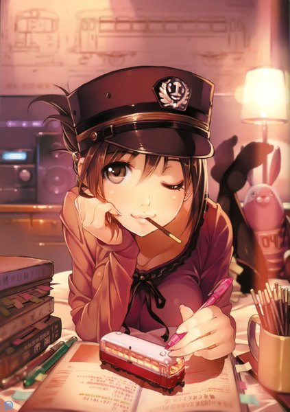 Anime picture 4238x6011 with usavich original kirenenko vania600 single tall image highres short hair brown hair brown eyes absurdres one eye closed wink scan arm support mouth hold crossover scan artifacts screening prisoner