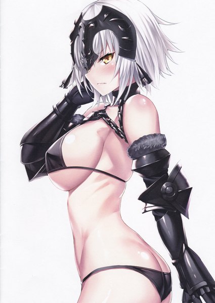 Anime picture 2149x3035 with fate (series) fate/grand order jeanne d'arc (fate) (all) jeanne d'arc alter (fate) heirou single tall image looking at viewer blush fringe highres short hair breasts light erotic simple background hair between eyes large breasts standing bare shoulders yellow eyes