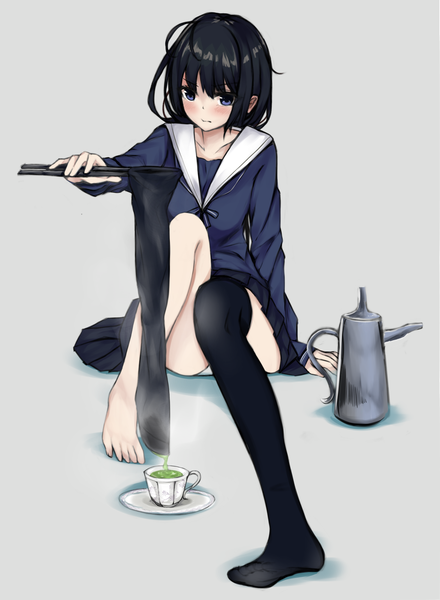Anime picture 2200x3000 with original kavies single tall image blush fringe highres short hair light erotic black hair simple background sitting holding payot looking away full body bent knee (knees) long sleeves grey background arm support