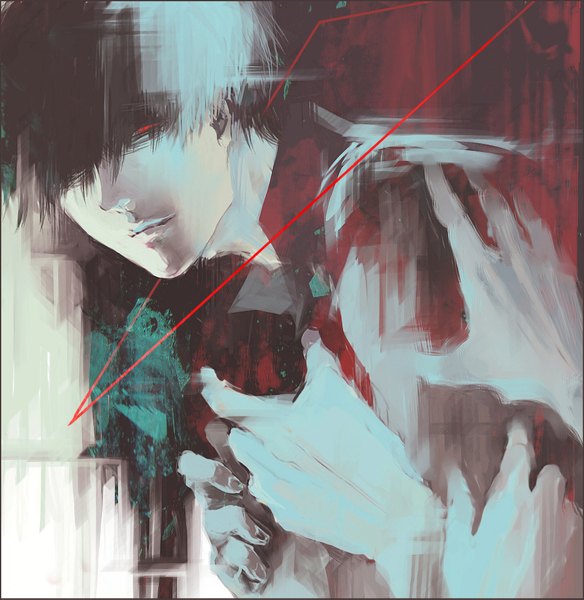 Anime picture 945x971 with tokyo ghoul studio pierrot kaneki ken yongkang single tall image fringe short hair black hair red eyes looking away upper body multicolored hair grey hair hair over one eye two-tone hair boy hands