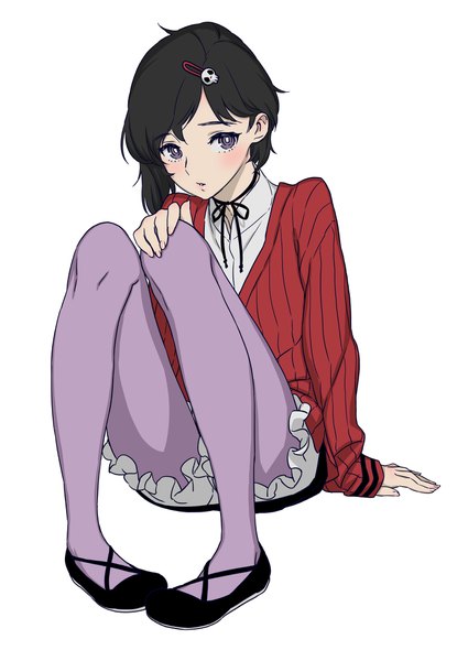 Anime picture 1500x2118 with steins;gate white fox urushibara ruka fetishist single tall image looking at viewer blush short hair black hair simple background white background sitting purple eyes full body long sleeves arm support otoko no ko hand on knee boy