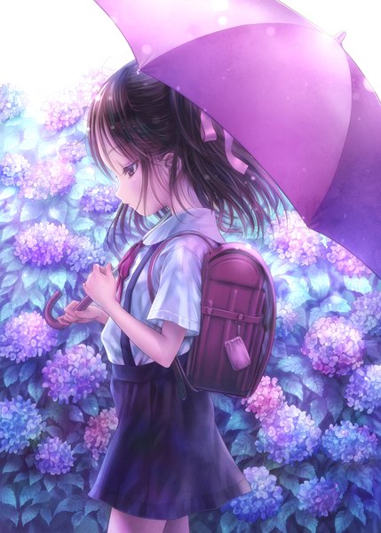 Anime picture 715x1000 with original goto p single tall image blush fringe short hair hair between eyes brown hair standing holding brown eyes payot profile wind short sleeves looking down rain walking sad