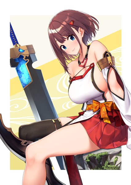 Anime picture 2507x3541 with original hitoyo (baffu) baffu single tall image looking at viewer blush fringe highres short hair breasts blue eyes light erotic simple background smile brown hair large breasts sitting bare shoulders payot