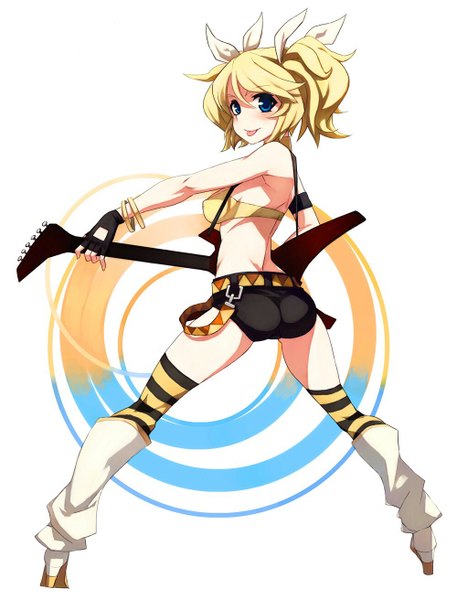 Anime picture 1000x1312 with vocaloid kagamine rin penguin caee single tall image blush short hair breasts blue eyes light erotic simple background blonde hair standing ass alternate costume sideboob girl thighhighs gloves ribbon (ribbons)