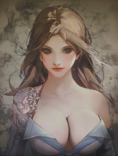 Anime picture 918x1215 with plusnine single long hair tall image blush breasts light erotic brown hair large breasts bare shoulders cleavage lips grey eyes portrait asymmetrical clothes girl