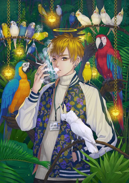 Anime picture 1200x1697 with original minami (minami373916) single tall image looking at viewer fringe short hair open mouth blonde hair hair between eyes standing holding yellow eyes open jacket piercing ear piercing smoke hand in pocket smoking animal on shoulder