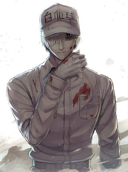 Anime picture 2498x3362 with hataraku saibou david production white blood cell (hataraku saibou) greatmosu single tall image looking at viewer fringe highres short hair simple background white background upper body white hair hair over one eye blood on face bloody clothes dust boy gloves