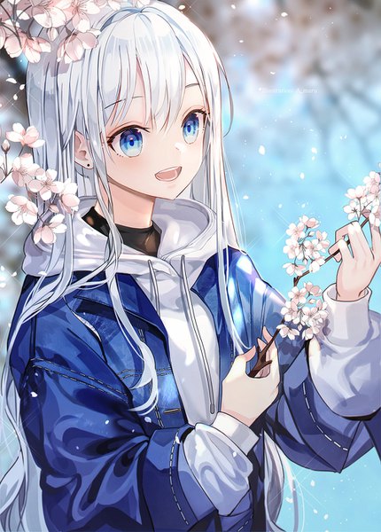 Anime picture 1000x1396 with original unity (ekvmsp02) single long hair tall image blush fringe open mouth blue eyes smile hair between eyes standing looking away silver hair outdoors long sleeves :d blurry open jacket teeth
