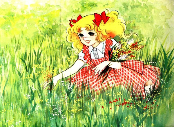 Anime picture 1700x1240 with candy candy toei animation candice white ardlay yumiko igarashi single long hair highres blonde hair smile twintails outdoors grin freckles curly hair girl dress flower (flowers) bouquet pinafore dress plaid dress