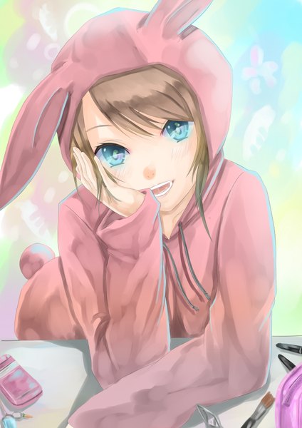 Anime picture 2893x4092 with original reio reio single tall image looking at viewer blush fringe highres short hair open mouth blue eyes simple background smile brown hair bunny girl girl table phone animal costume bunny costume