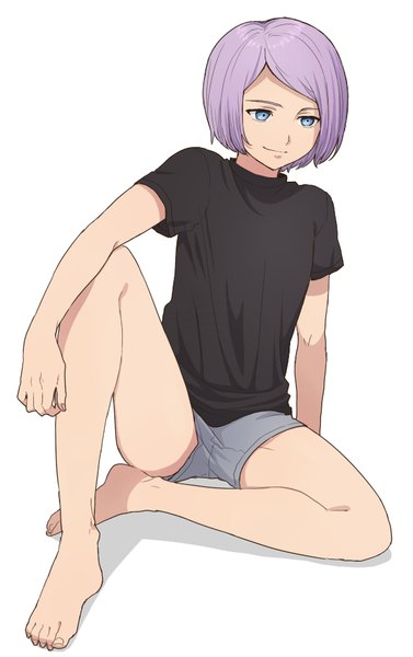 Anime picture 610x970 with kanata no astra luca esposito komiya harumoto single tall image short hair blue eyes simple background white background sitting looking away purple hair full body barefoot light smile arm support bare legs androgynous shorts short shorts
