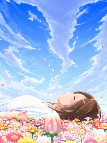 Anime picture 768x1024 with original minamito single tall image short hair brown hair sky cloud (clouds) lying eyes closed profile field girl hair ornament flower (flowers) petals hairclip