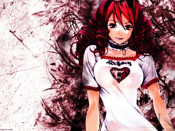 Anime picture 1152x864 with tenjou tenge isuzu emi oogure ito single long hair looking at viewer fringe breasts hair between eyes red eyes large breasts signed red hair drill hair third-party edit girl dress choker