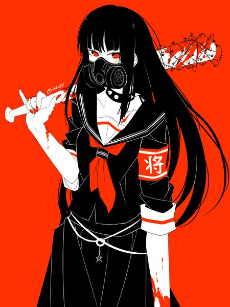 Anime picture 1200x1600 with original ieka single long hair tall image looking at viewer fringe black hair simple background red eyes standing holding signed payot blunt bangs nail polish fingernails short sleeves twitter username red background