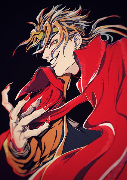 Anime picture 600x852 with jojo no kimyou na bouken dio brando mizudama single long hair tall image simple background blonde hair smile red eyes looking away profile fingernails grin black background long fingernails sharp fingernails boy hairband cape